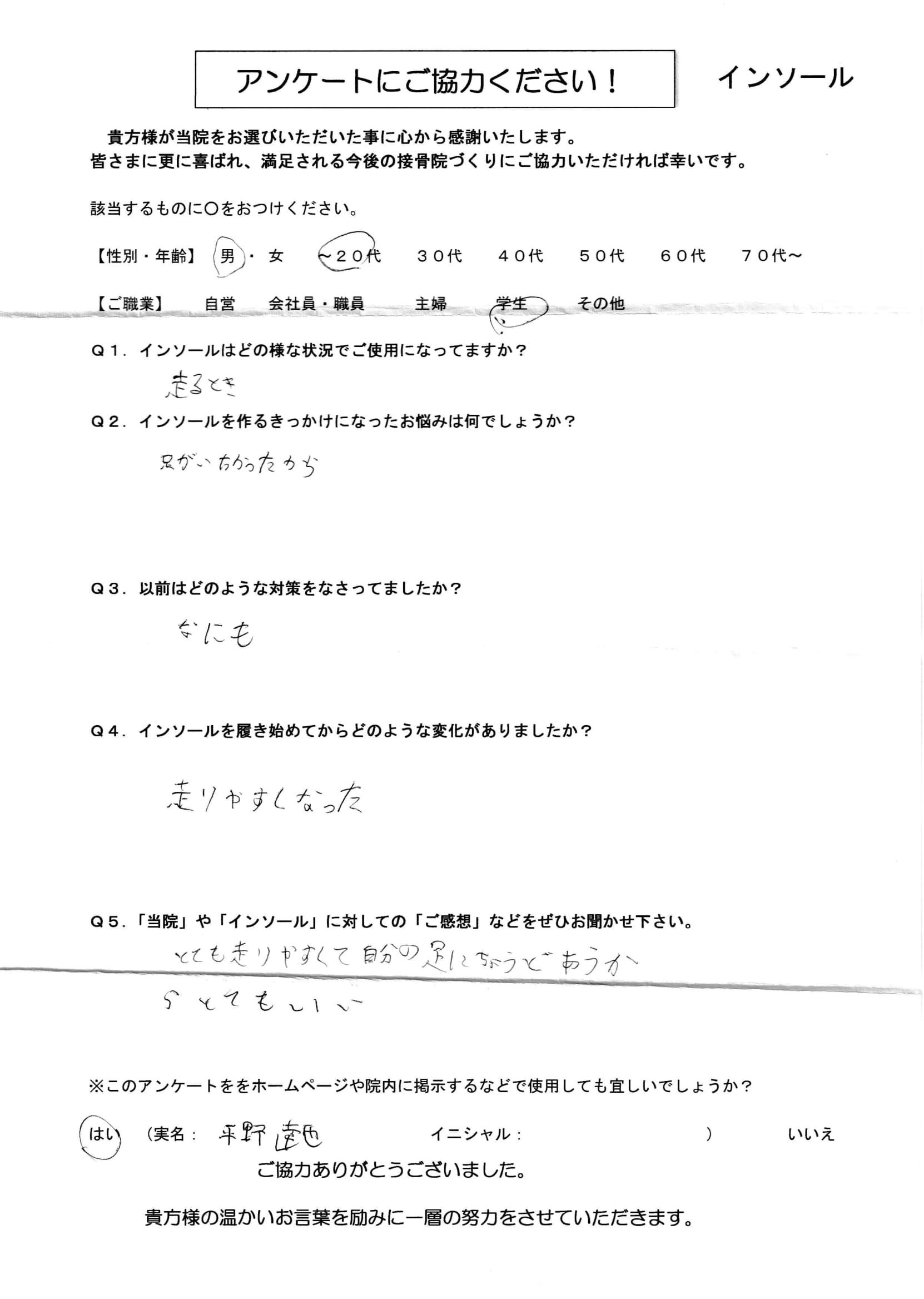 インソール アンケート 10代（男）（平野達也君）-1